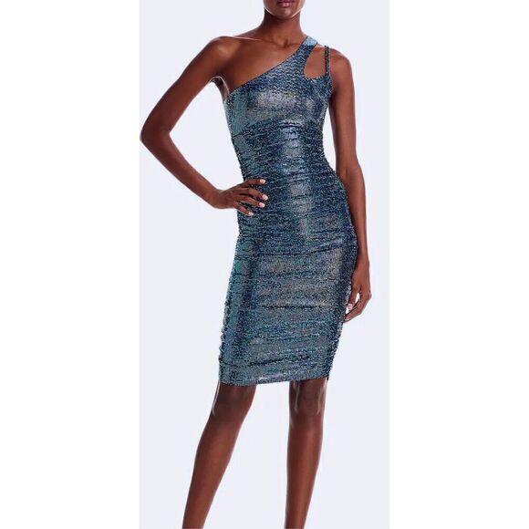 AQUA Dress Size Small Asymmetric Midi Cocktail Party Blue Sequined NWT - Picture 1 of 11